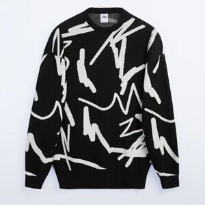 Zara Men's Abstract Line Art Crewneck Sweater